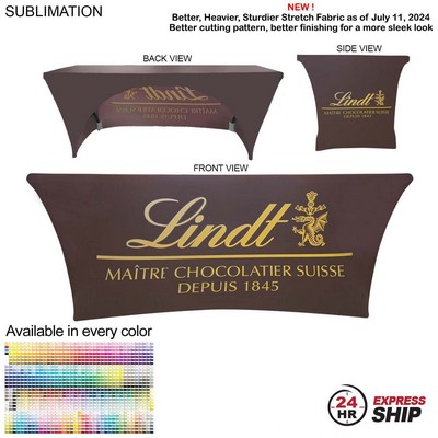24 Hr Express Ship - Sublimated Stretch Curved Fit Table Throw for 6ft table, 3 sided, Open Back