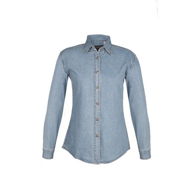 Ladies Long Sleeve Pocketless Gold Top Stitch Denim Shirt (XS-2XL)