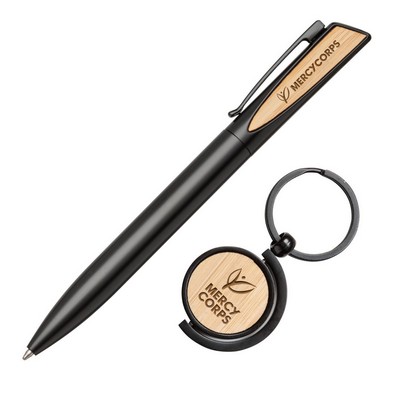 Alban Aluminium Pen w/Bamboo Keyring Set