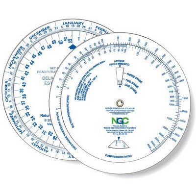 Wheel Calculator for Horsepower/ Gas Compression/ Date Finder, Custom Spot Colour Imprint
