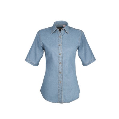 Ladies Short Sleeve Gold Top Stitch Denim Shirt (XS-2XL)