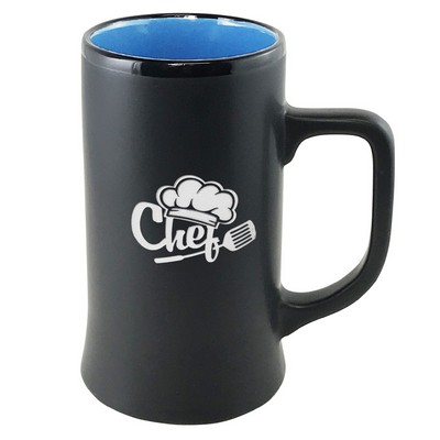 Cambria 14oz ceramic stein matte black with sky blue interior in Ripple gift box - Etched