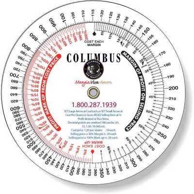 .020 White Plastic Profit Markup Wheel Calculator (4.25" dia.), Full Colour Digital Imprint